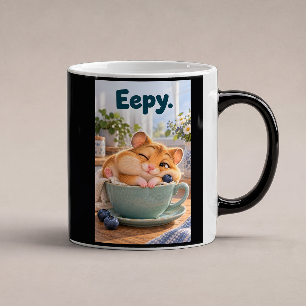 Ein schläfriger Hamster kuschelt in einer grünen Tasse zwischen Blaubeeren und einer kleinen Decke. Spruch: Eepy. – Black Edition mit Wärmeeffekt, Studioansicht.
