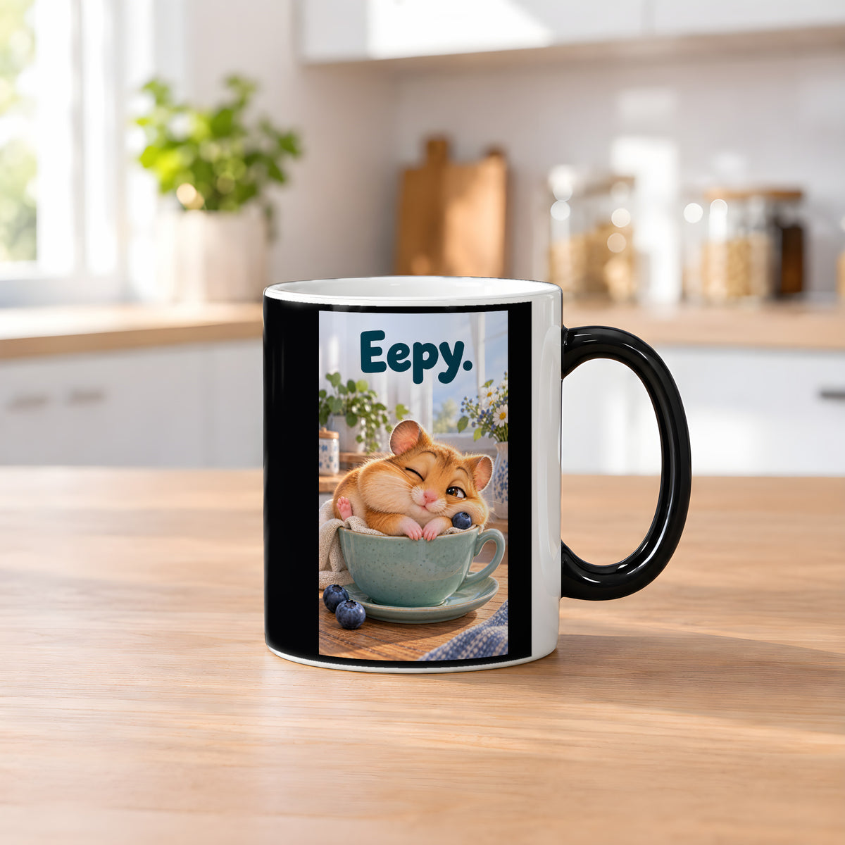 Ein schläfriger Hamster kuschelt in einer grünen Tasse zwischen Blaubeeren und einer kleinen Decke. Spruch: Eepy. – Black Edition mit Wärmeeffekt, Küchenansicht.