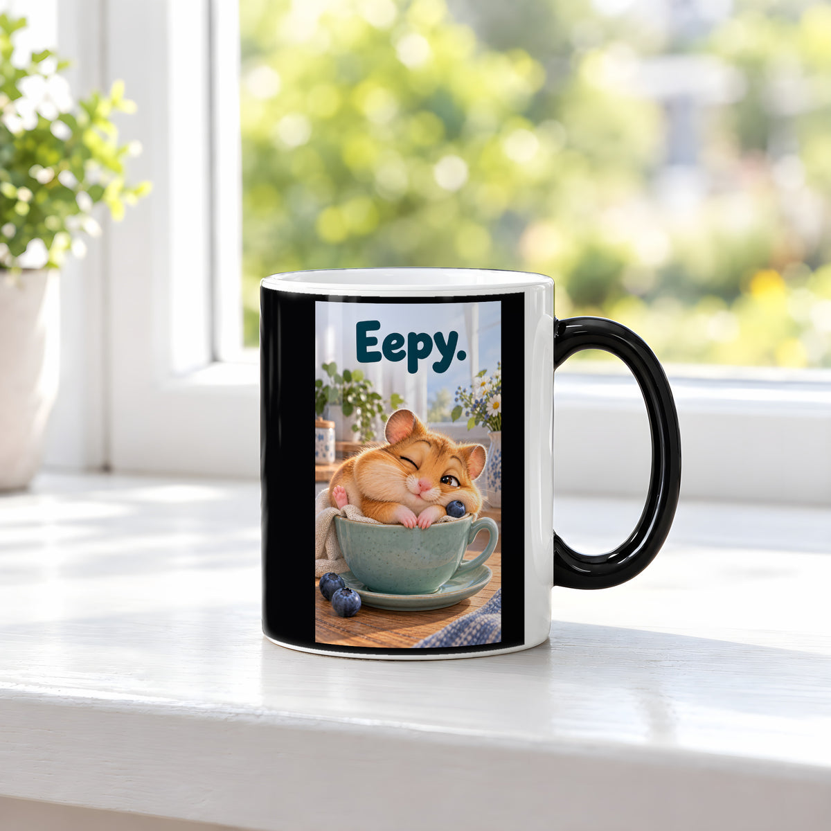 Ein schläfriger Hamster kuschelt in einer grünen Tasse zwischen Blaubeeren und einer kleinen Decke. Spruch: Eepy. – Black Edition mit Wärmeeffekt, Ansicht am Fenster.