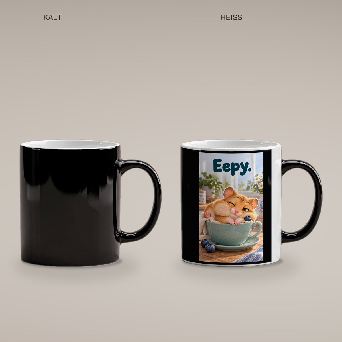 Ein schläfriger Hamster kuschelt in einer grünen Tasse zwischen Blaubeeren und einer kleinen Decke. Spruch: Eepy. – Black Edition mit Wärmeeffekt, Vergleich kalt und heiß.