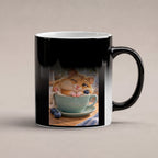 Ein schläfriger Hamster kuschelt in einer grünen Tasse zwischen Blaubeeren und einer kleinen Decke. Spruch: Eepy. – Black Edition mit Wärmeeffekt, Wärmeeffekt.