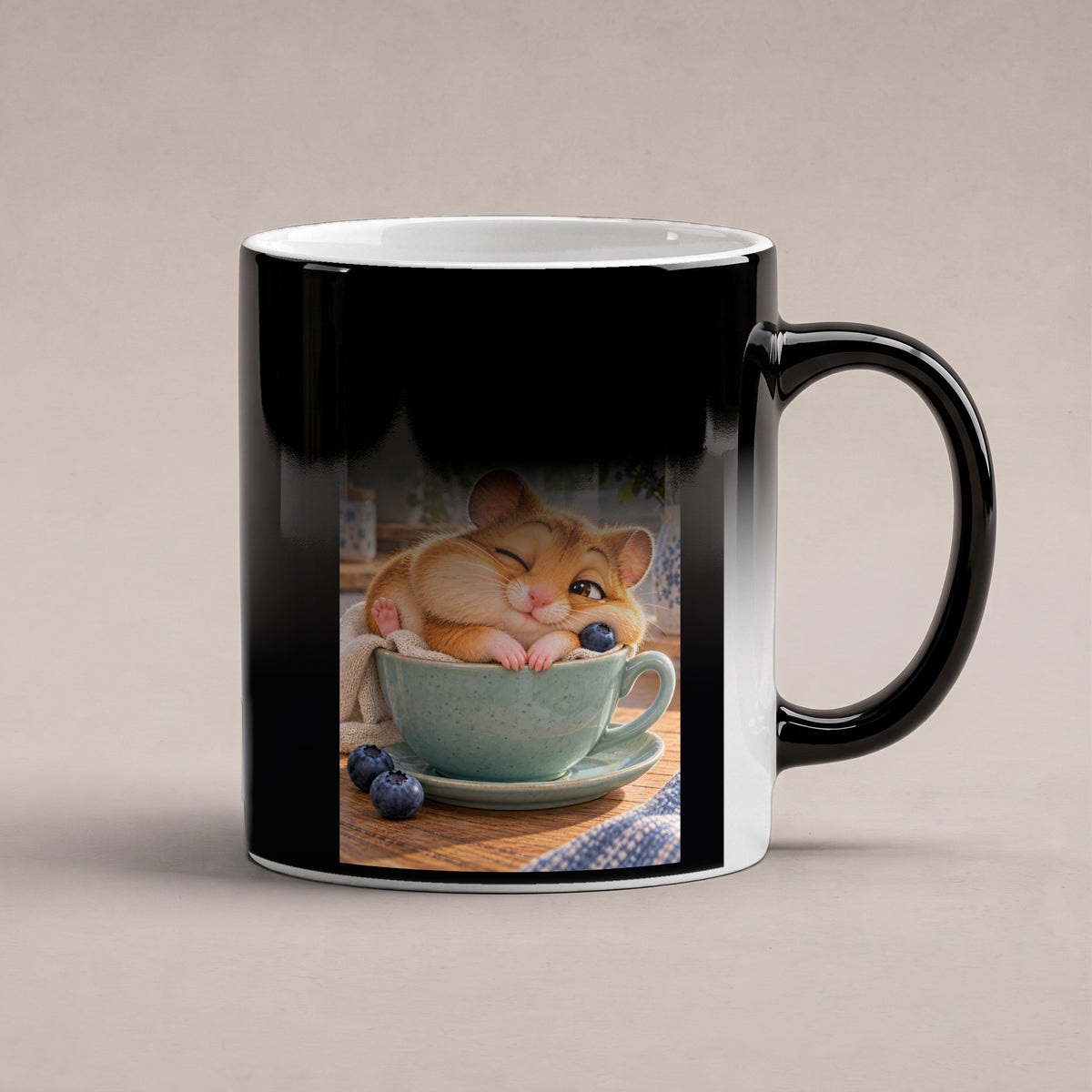 Ein schläfriger Hamster kuschelt in einer grünen Tasse zwischen Blaubeeren und einer kleinen Decke. Spruch: Eepy. – Black Edition mit Wärmeeffekt, Wärmeeffekt.