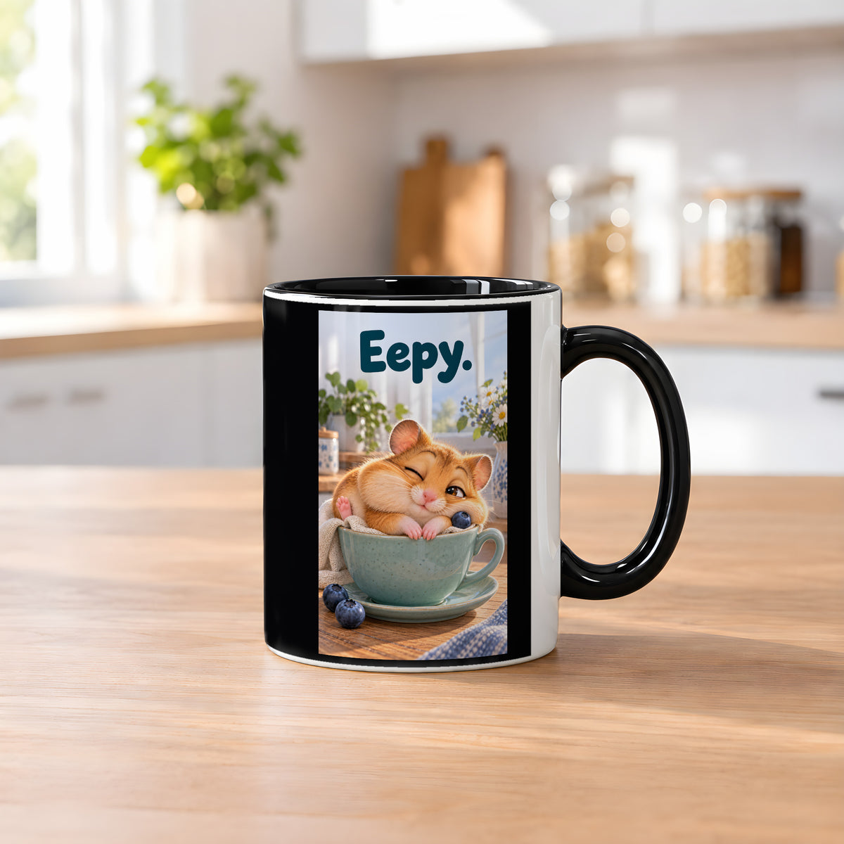 Ein schläfriger Hamster kuschelt in einer grünen Tasse zwischen Blaubeeren und einer kleinen Decke. Spruch: Eepy. – Tasse innen schwarz, Küchenansicht.