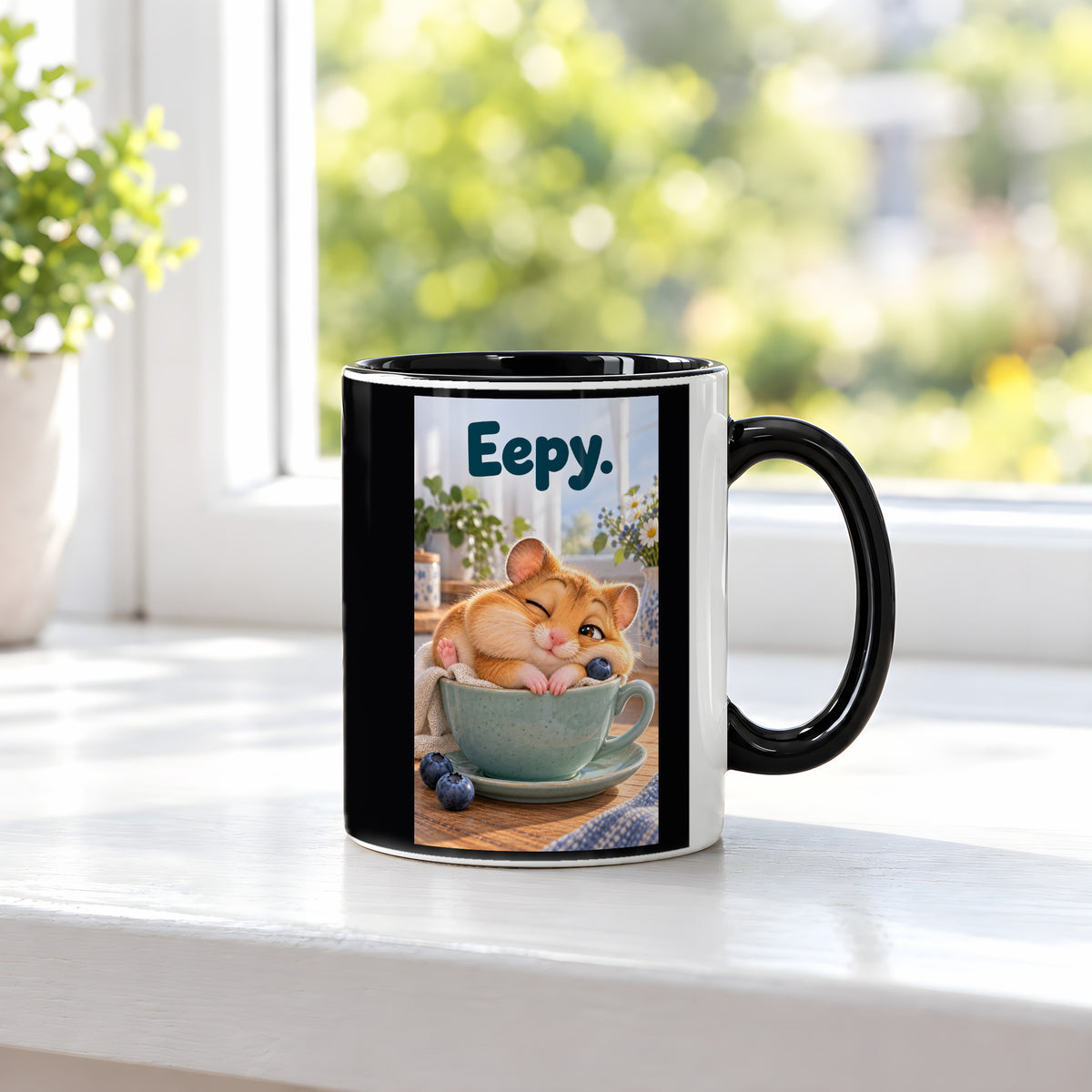 Ein schläfriger Hamster kuschelt in einer grünen Tasse zwischen Blaubeeren und einer kleinen Decke. Spruch: Eepy. – Tasse innen schwarz, Ansicht am Fenster.