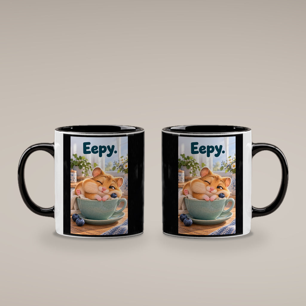 Ein schläfriger Hamster kuschelt in einer grünen Tasse zwischen Blaubeeren und einer kleinen Decke. Spruch: Eepy. – Tasse innen schwarz, beide Motivseiten.