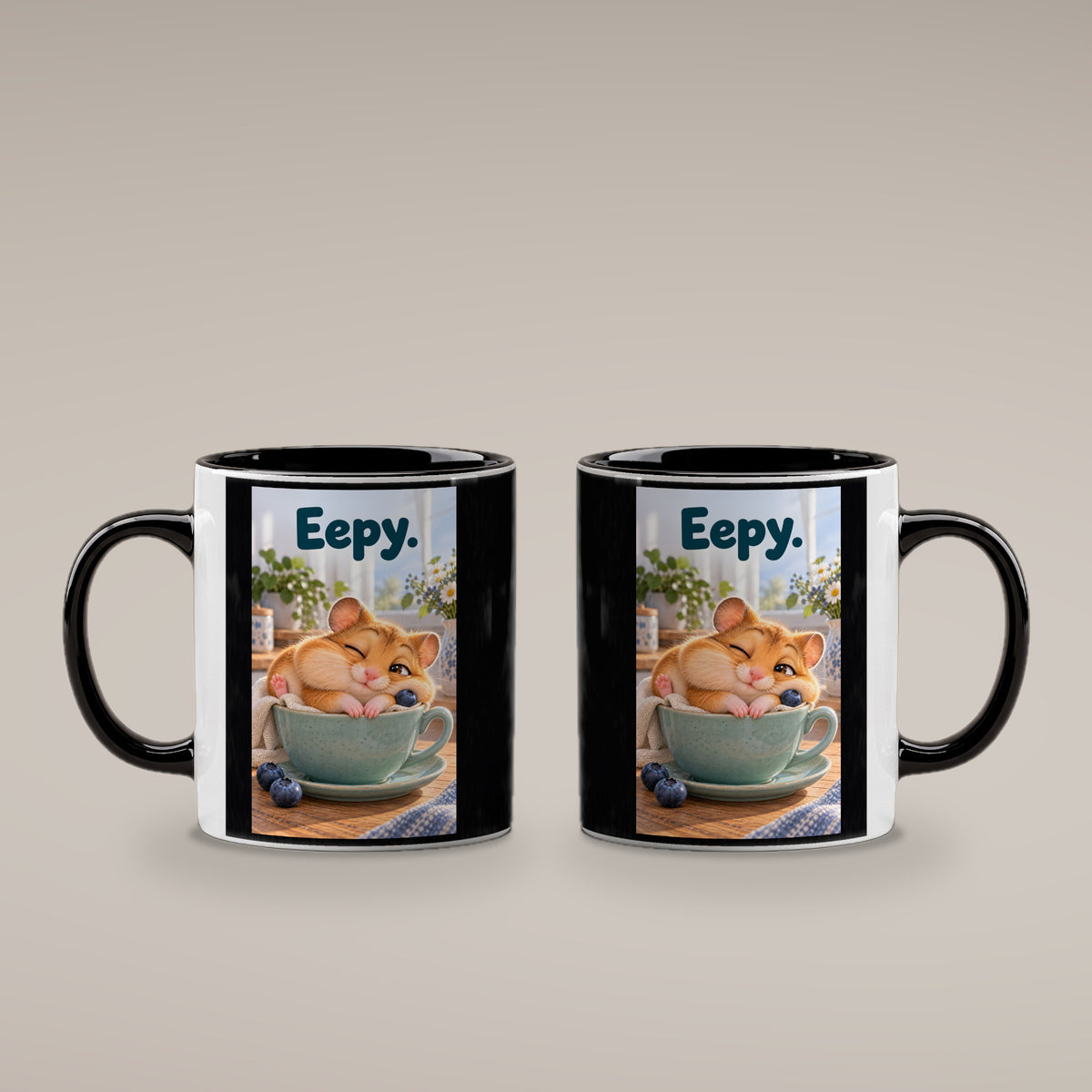 Ein schläfriger Hamster kuschelt in einer grünen Tasse zwischen Blaubeeren und einer kleinen Decke. Spruch: Eepy. – Tasse innen schwarz, beide Motivseiten.