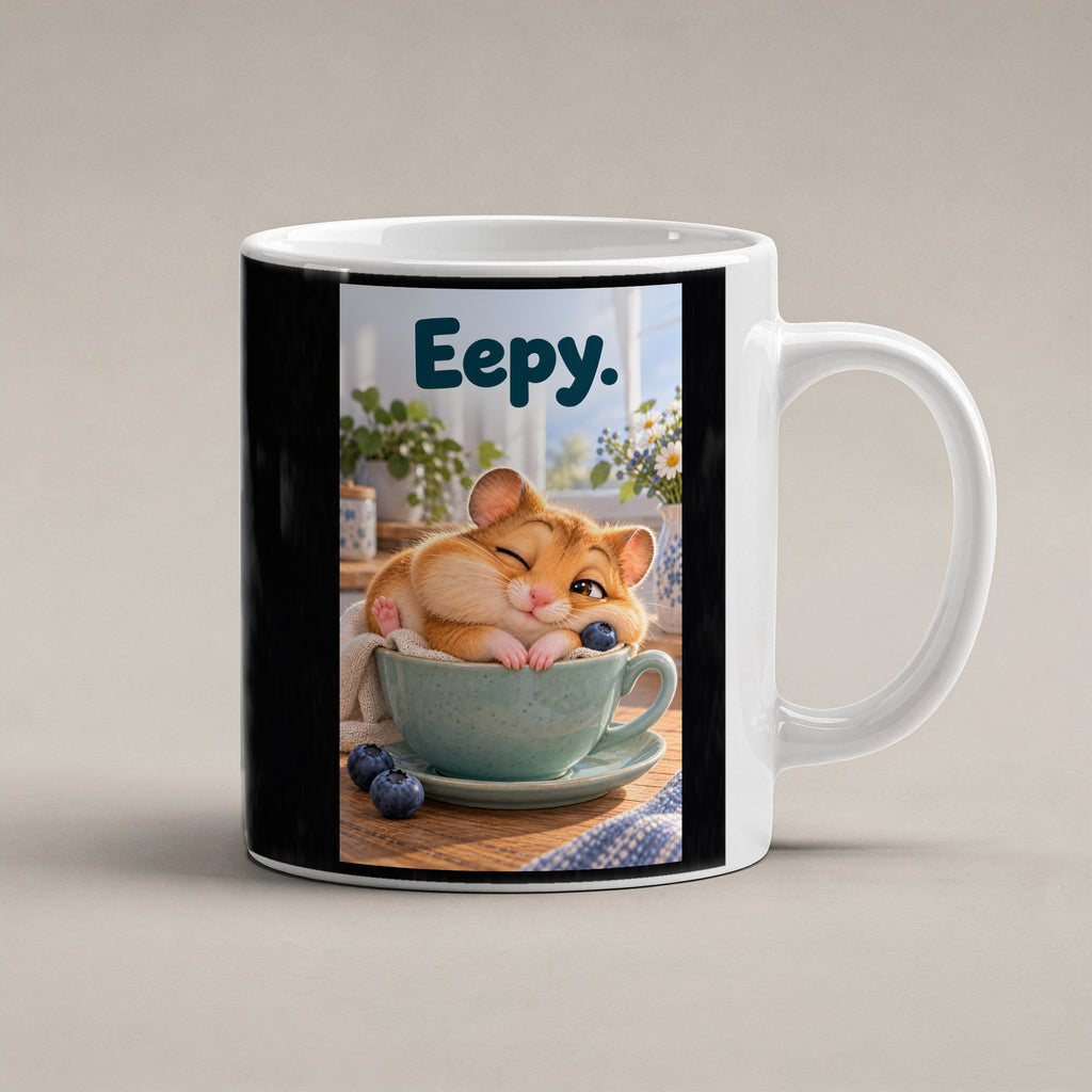 Ein schläfriger Hamster kuschelt in einer grünen Tasse zwischen Blaubeeren und einer kleinen Decke. Spruch: Eepy. – weiße Tasse, Studioansicht.