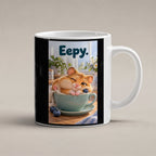 Ein schläfriger Hamster kuschelt in einer grünen Tasse zwischen Blaubeeren und einer kleinen Decke. Spruch: Eepy. – weiße Tasse, Studioansicht.