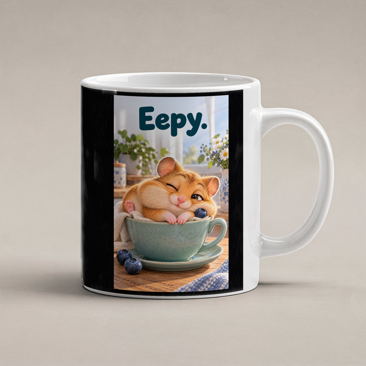 Ein schläfriger Hamster kuschelt in einer grünen Tasse zwischen Blaubeeren und einer kleinen Decke. Spruch: Eepy. – weiße Tasse, Studioansicht.