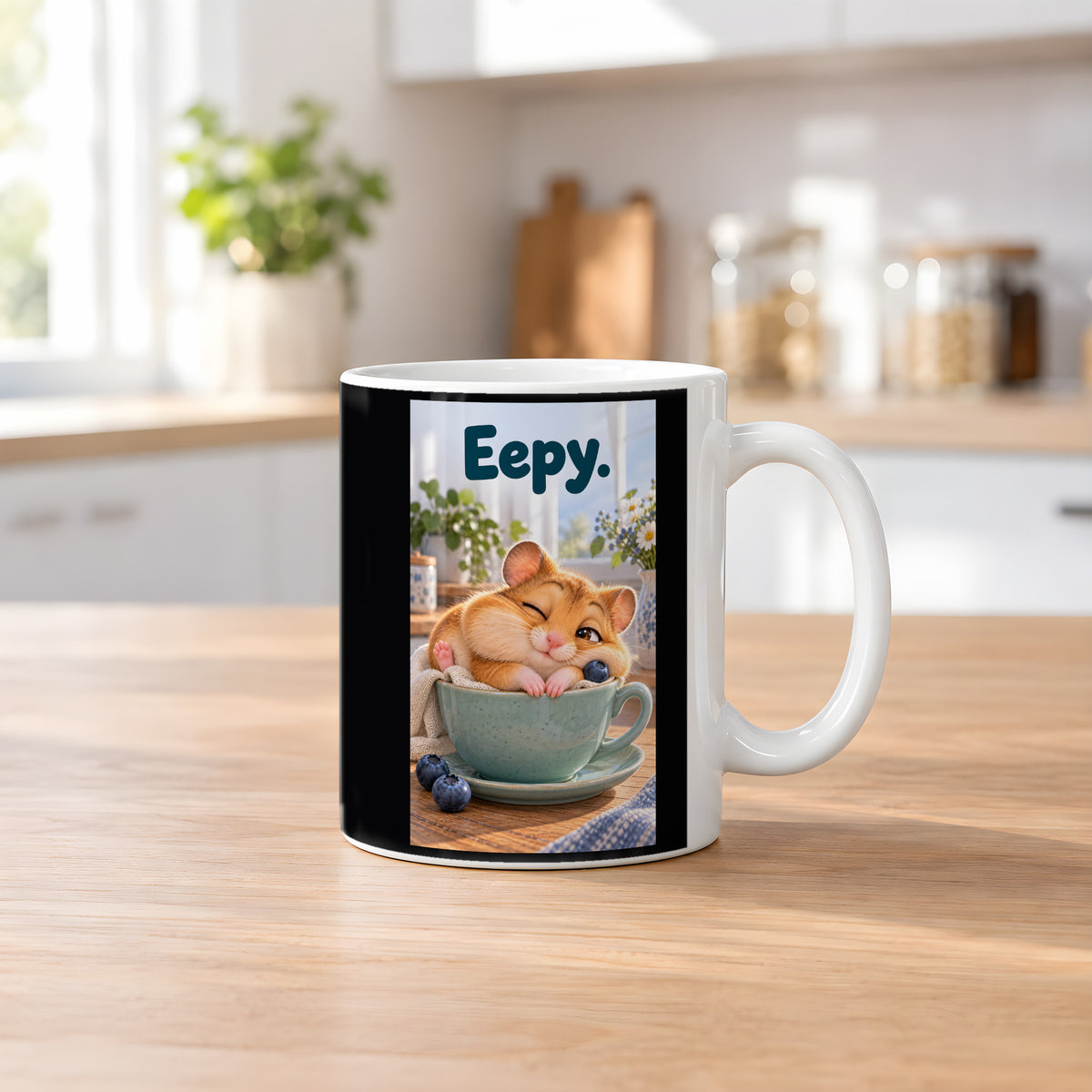 Ein schläfriger Hamster kuschelt in einer grünen Tasse zwischen Blaubeeren und einer kleinen Decke. Spruch: Eepy. – weiße Tasse, Küchenansicht.