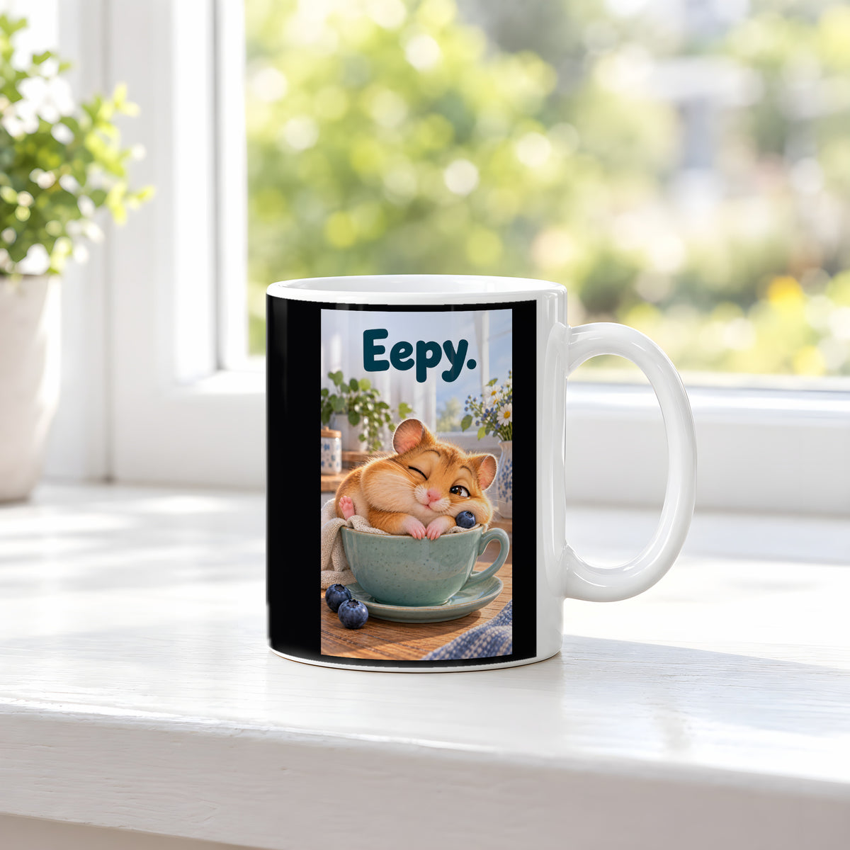 Ein schläfriger Hamster kuschelt in einer grünen Tasse zwischen Blaubeeren und einer kleinen Decke. Spruch: Eepy. – weiße Tasse, Ansicht am Fenster.