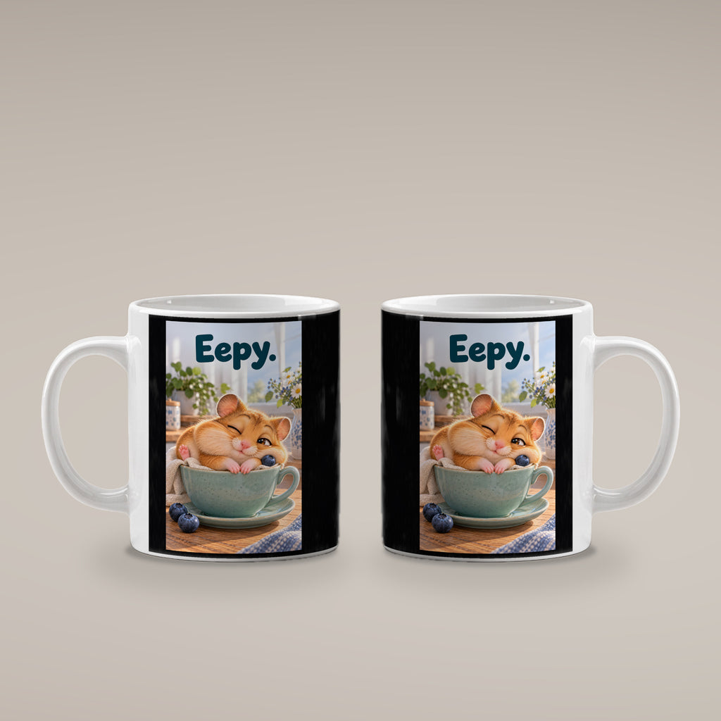 Ein schläfriger Hamster kuschelt in einer grünen Tasse zwischen Blaubeeren und einer kleinen Decke. Spruch: Eepy. – weiße Tasse, beide Motivseiten.