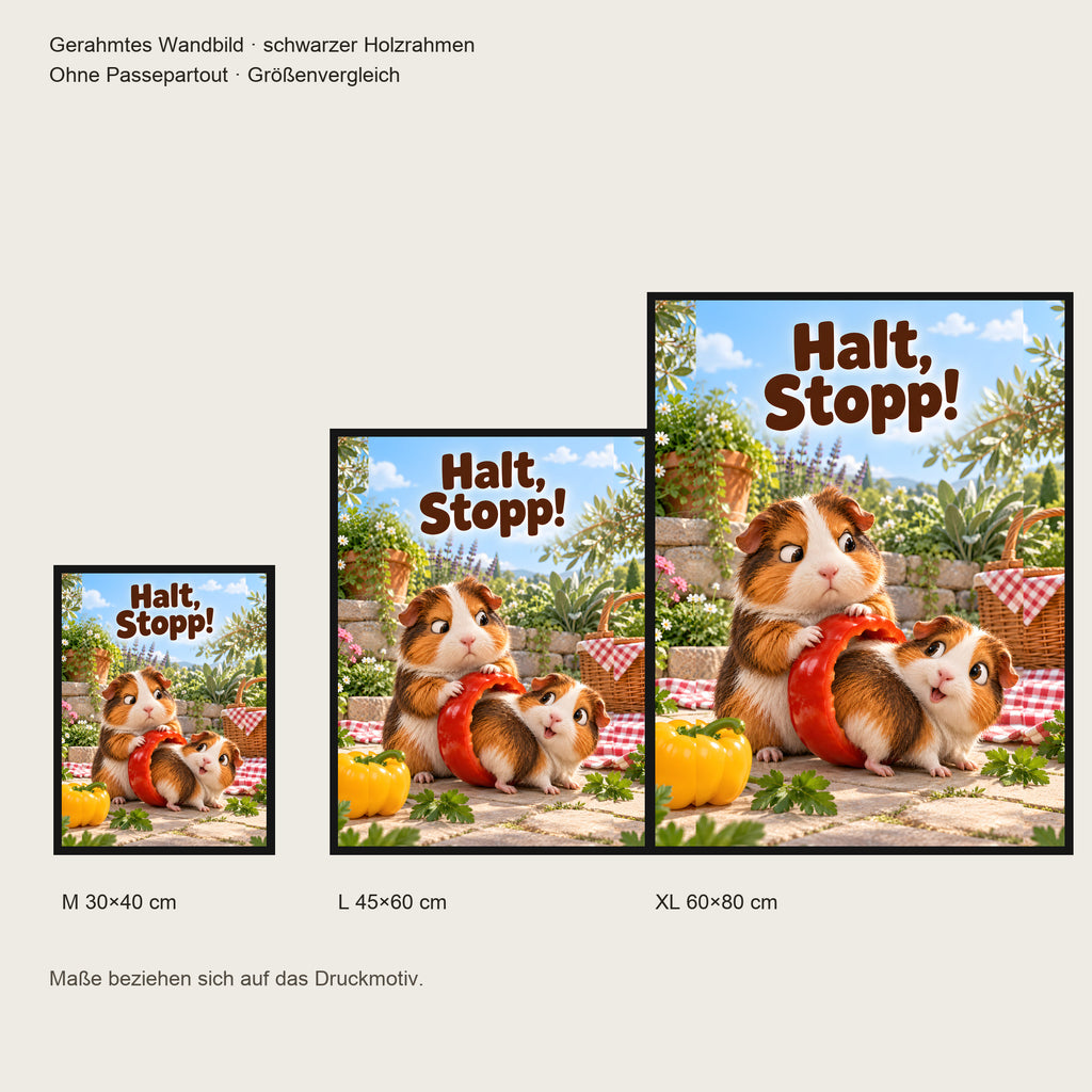 Paprika ertappt – Gerahmtes Meerschweinchenbild. Spruch: Halt, Stopp! Größenvergleich. Schwarzer Holzrahmen ohne Passepartout. 4 GROESSEN