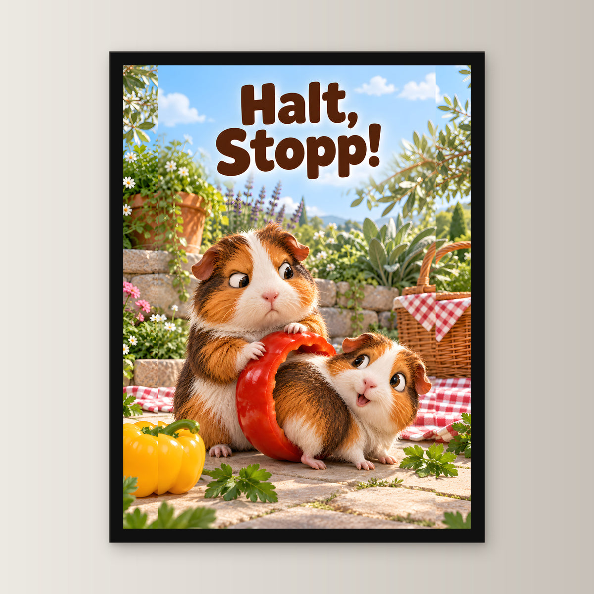 Paprika ertappt – Gerahmtes Meerschweinchenbild. Spruch: Halt, Stopp! 30×40 cm. Schwarzer Holzrahmen ohne Passepartout. 1 FRONTAL