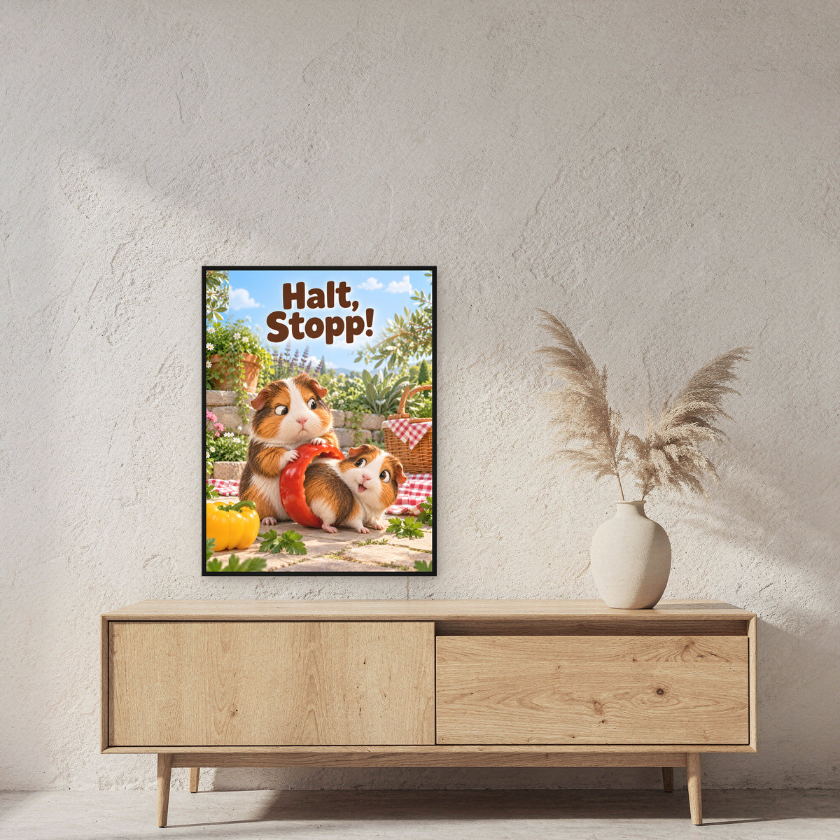 Paprika ertappt – Gerahmtes Meerschweinchenbild. Spruch: Halt, Stopp! 60×80 cm. Schwarzer Holzrahmen ohne Passepartout. 2 RAUM 60x80cm
