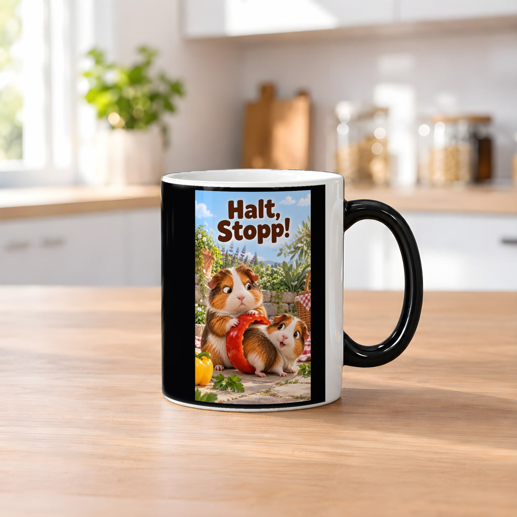 Zwei Meerschweinchen schauen sich durch einen großen roten Paprikaring im Garten an. Spruch: Halt, Stopp! – Black Edition mit Wärmeeffekt, Küchenansicht.
