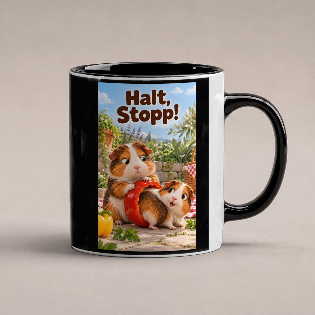 Zwei Meerschweinchen schauen sich durch einen großen roten Paprikaring im Garten an. Spruch: Halt, Stopp! – Tasse innen schwarz, Studioansicht.