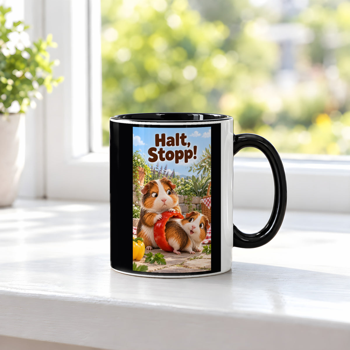 Zwei Meerschweinchen schauen sich durch einen großen roten Paprikaring im Garten an. Spruch: Halt, Stopp! – Tasse innen schwarz, Ansicht am Fenster.