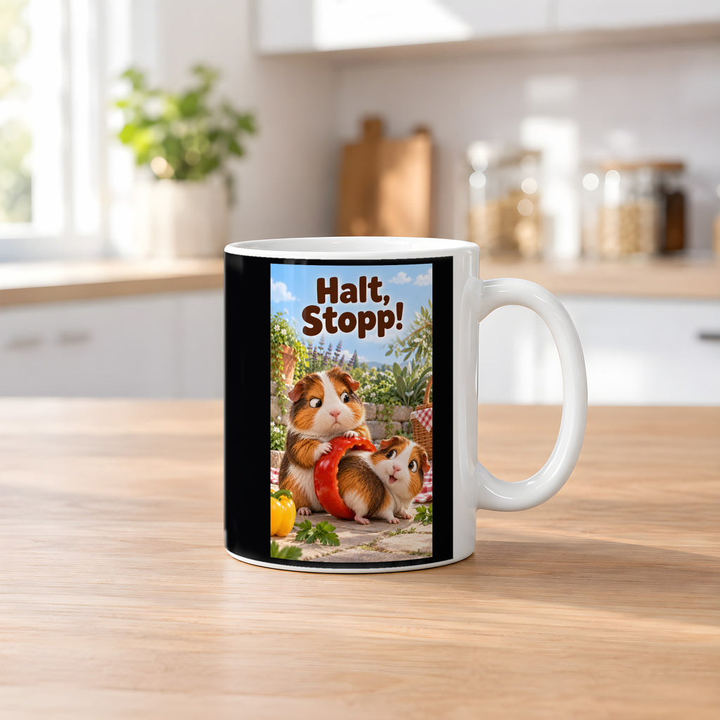 Zwei Meerschweinchen schauen sich durch einen großen roten Paprikaring im Garten an. Spruch: Halt, Stopp! – weiße Tasse, Küchenansicht.