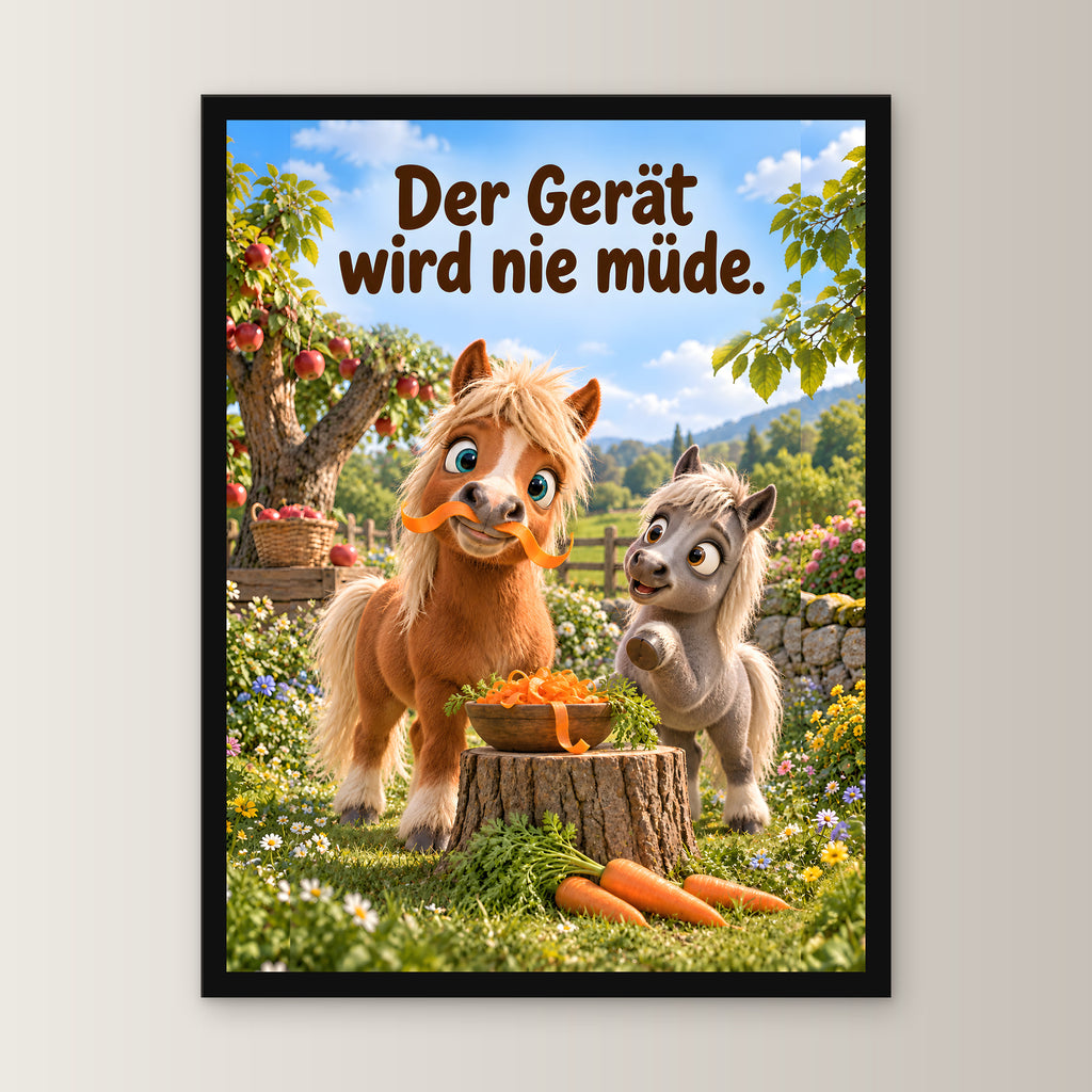 Möhren-Schnurrbart – Gerahmtes Ponybild. Spruch: Der Gerät wird nie müde. 30×40 cm. Schwarzer Holzrahmen ohne Passepartout. 1 FRONTAL