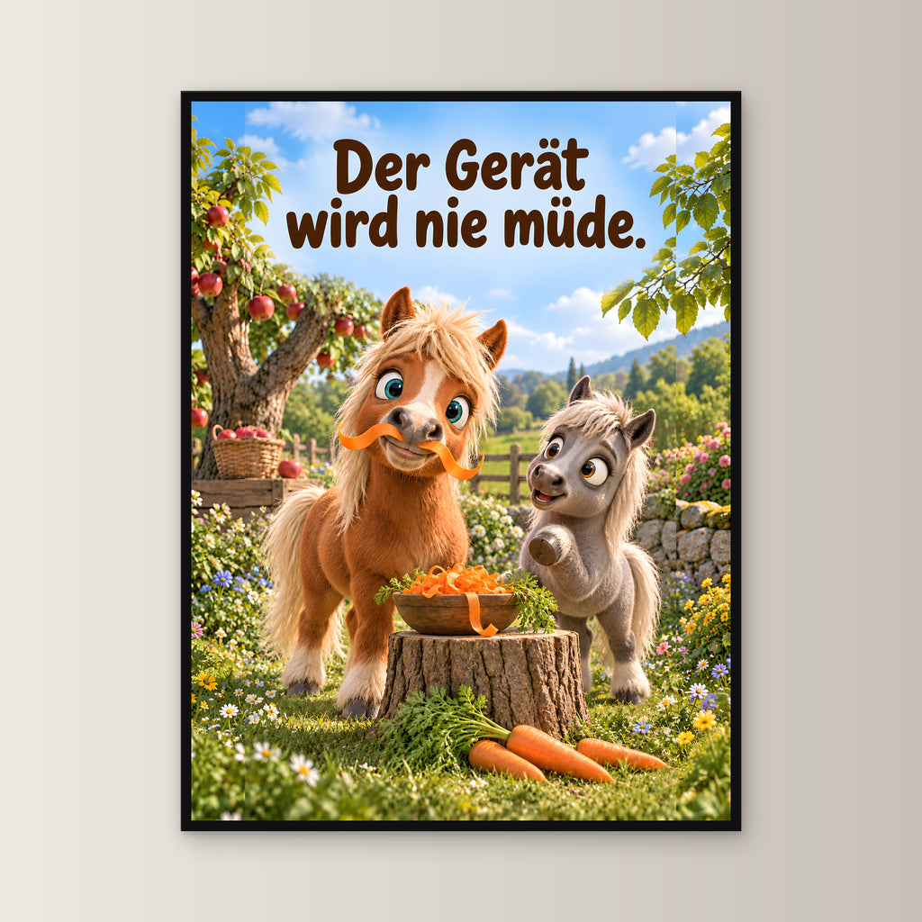 Möhren-Schnurrbart – Gerahmtes Ponybild. Spruch: Der Gerät wird nie müde. 60×80 cm. Schwarzer Holzrahmen ohne Passepartout. 1 FRONTAL