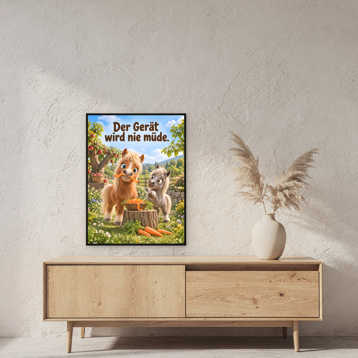Möhren-Schnurrbart – Gerahmtes Ponybild. Spruch: Der Gerät wird nie müde. 60×80 cm. Schwarzer Holzrahmen ohne Passepartout. 2 RAUM 60x80cm