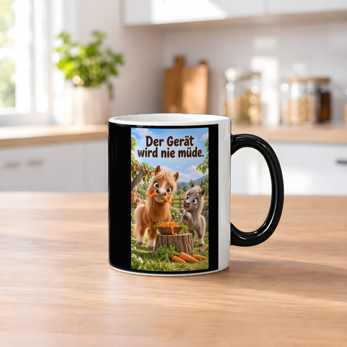 Ein braunes Pony trägt einen Möhrenstreifen als Schnurrbart; daneben lacht ein graues Pony vor einer Schale Möhrenstreifen. Spruch: Der Gerät wird nie müde. – Black Edition mit Wärmeeffekt, Küchenansicht.