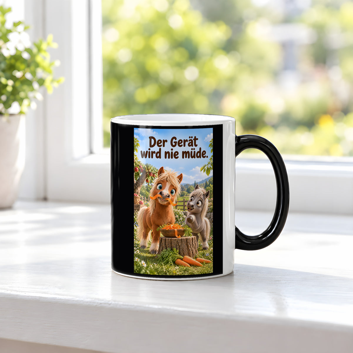 Ein braunes Pony trägt einen Möhrenstreifen als Schnurrbart; daneben lacht ein graues Pony vor einer Schale Möhrenstreifen. Spruch: Der Gerät wird nie müde. – Black Edition mit Wärmeeffekt, Ansicht am Fenster.