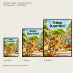 Kleine Majestät – Gerahmtes Schildkrötenbild. Spruch: Keine Kapriolen! Größenvergleich. Schwarzer Holzrahmen ohne Passepartout. 4 GROESSEN