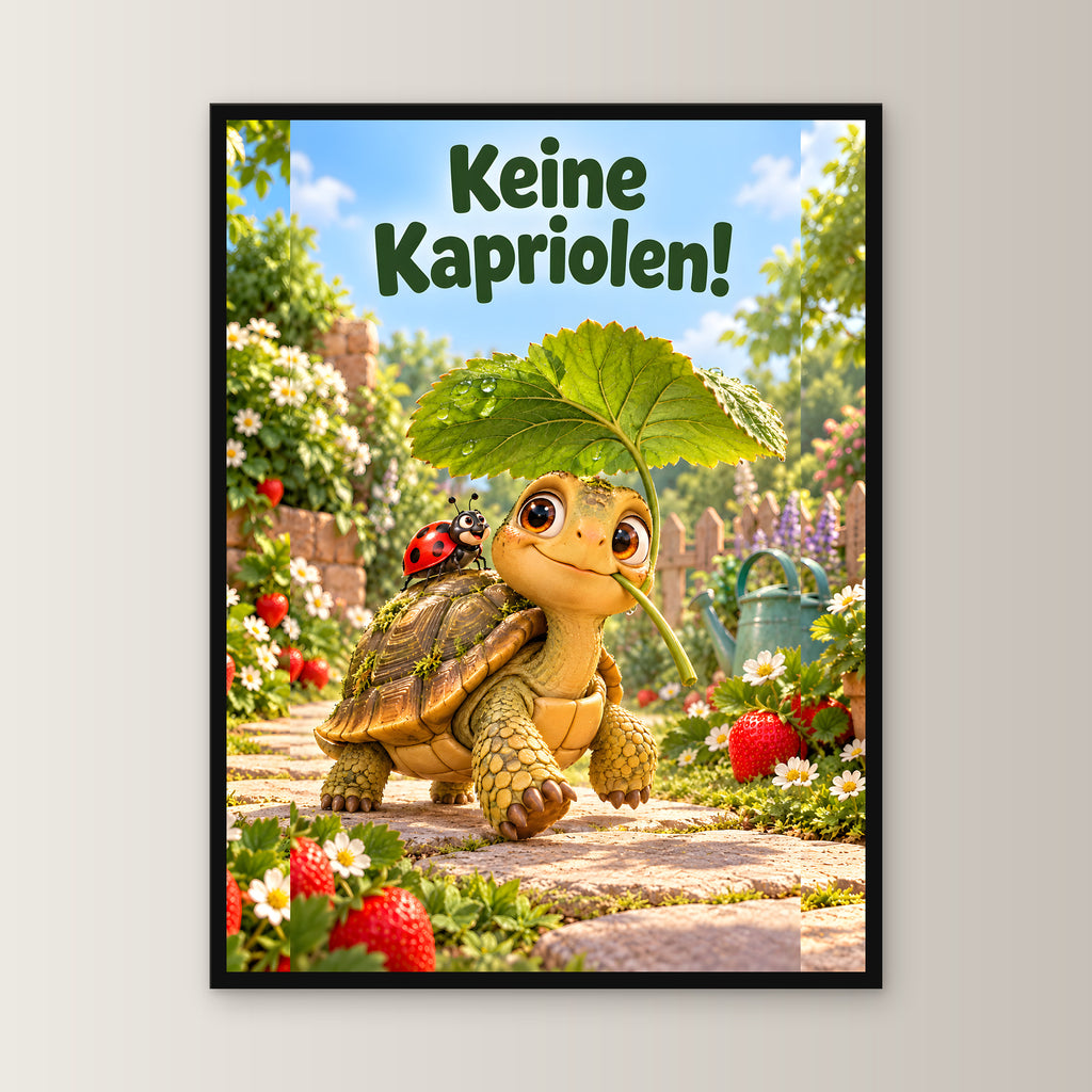 Kleine Majestät – Gerahmtes Schildkrötenbild. Spruch: Keine Kapriolen! 45×60 cm. Schwarzer Holzrahmen ohne Passepartout. 1 FRONTAL