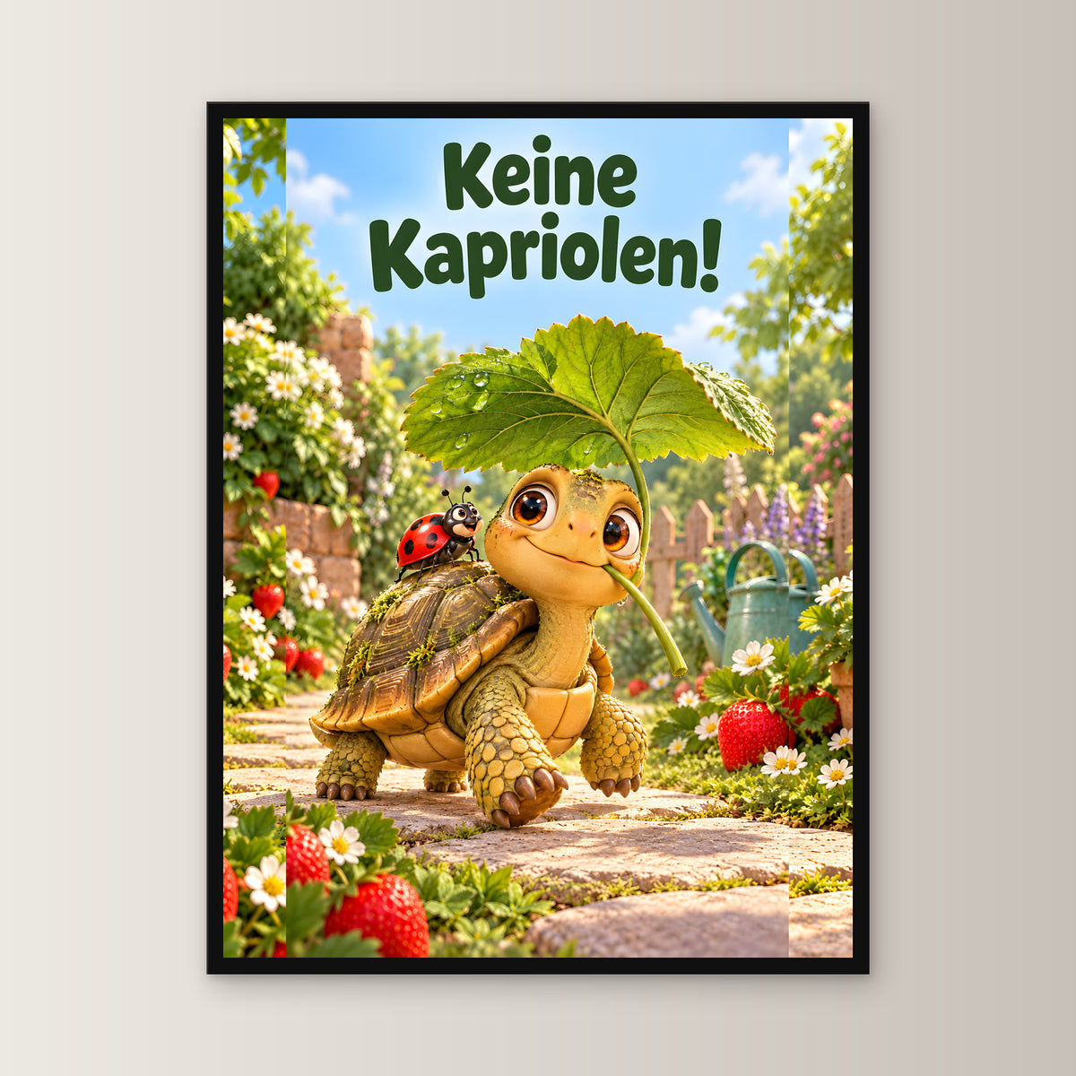 Kleine Majestät – Gerahmtes Schildkrötenbild. Spruch: Keine Kapriolen! 45×60 cm. Schwarzer Holzrahmen ohne Passepartout. 1 FRONTAL