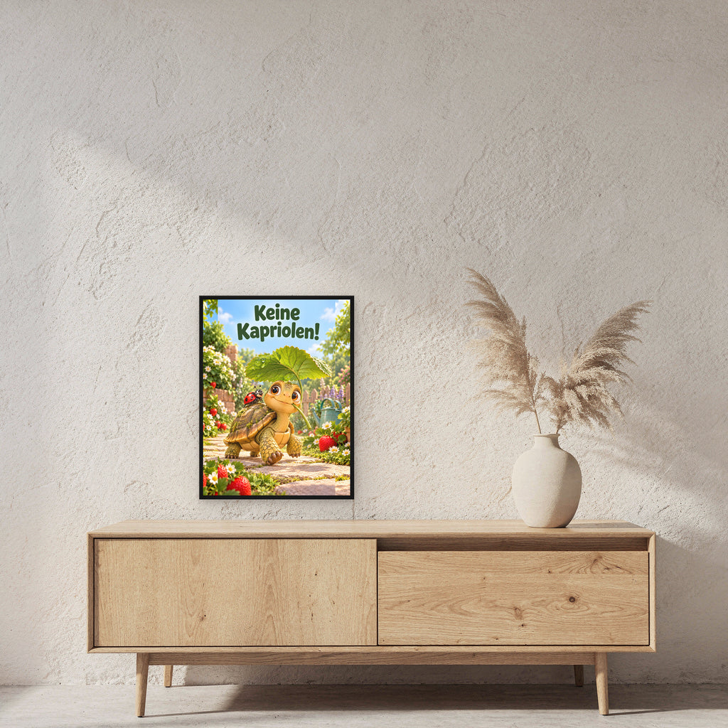 Kleine Majestät – Gerahmtes Schildkrötenbild. Spruch: Keine Kapriolen! 45×60 cm. Schwarzer Holzrahmen ohne Passepartout. 2 RAUM 45x60cm