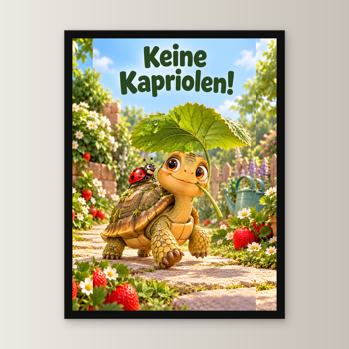 Kleine Majestät – Gerahmtes Schildkrötenbild. Spruch: Keine Kapriolen! 30×40 cm. Schwarzer Holzrahmen ohne Passepartout. 1 FRONTAL