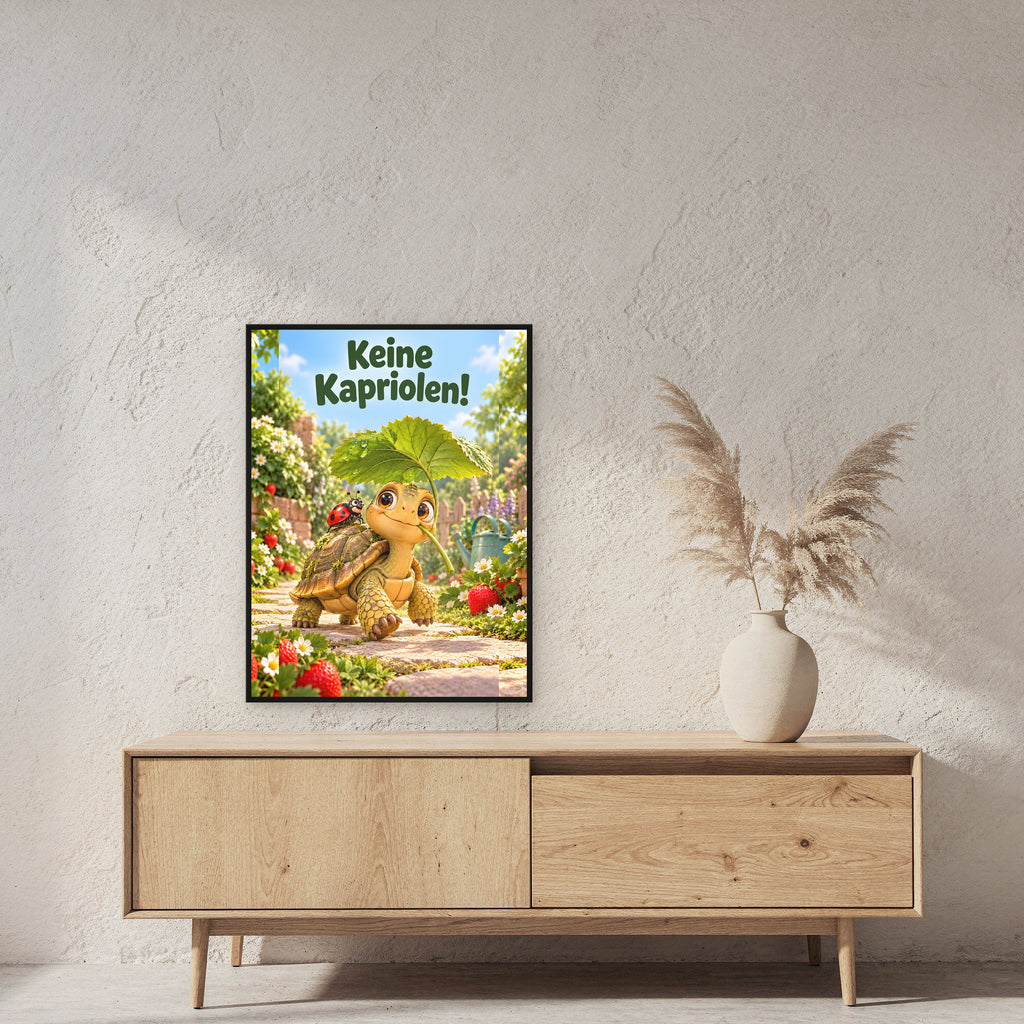 Kleine Majestät – Gerahmtes Schildkrötenbild. Spruch: Keine Kapriolen! 60×80 cm. Schwarzer Holzrahmen ohne Passepartout. 2 RAUM 60x80cm