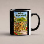 Eine kleine Schildkröte trägt ein großes Blatt als Schirm; auf ihrem Panzer sitzt ein Marienkäfer, daneben wachsen Erdbeeren. Spruch: Keine Kapriolen! – Tasse innen schwarz, Studioansicht.