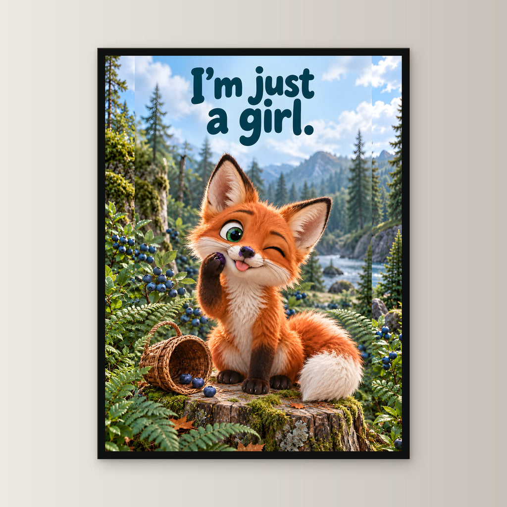 Blaubeer-Unschuld – Gerahmtes Fuchsbild. Spruch: I'm just a girl. 45×60 cm. Schwarzer Holzrahmen ohne Passepartout. 1 FRONTAL