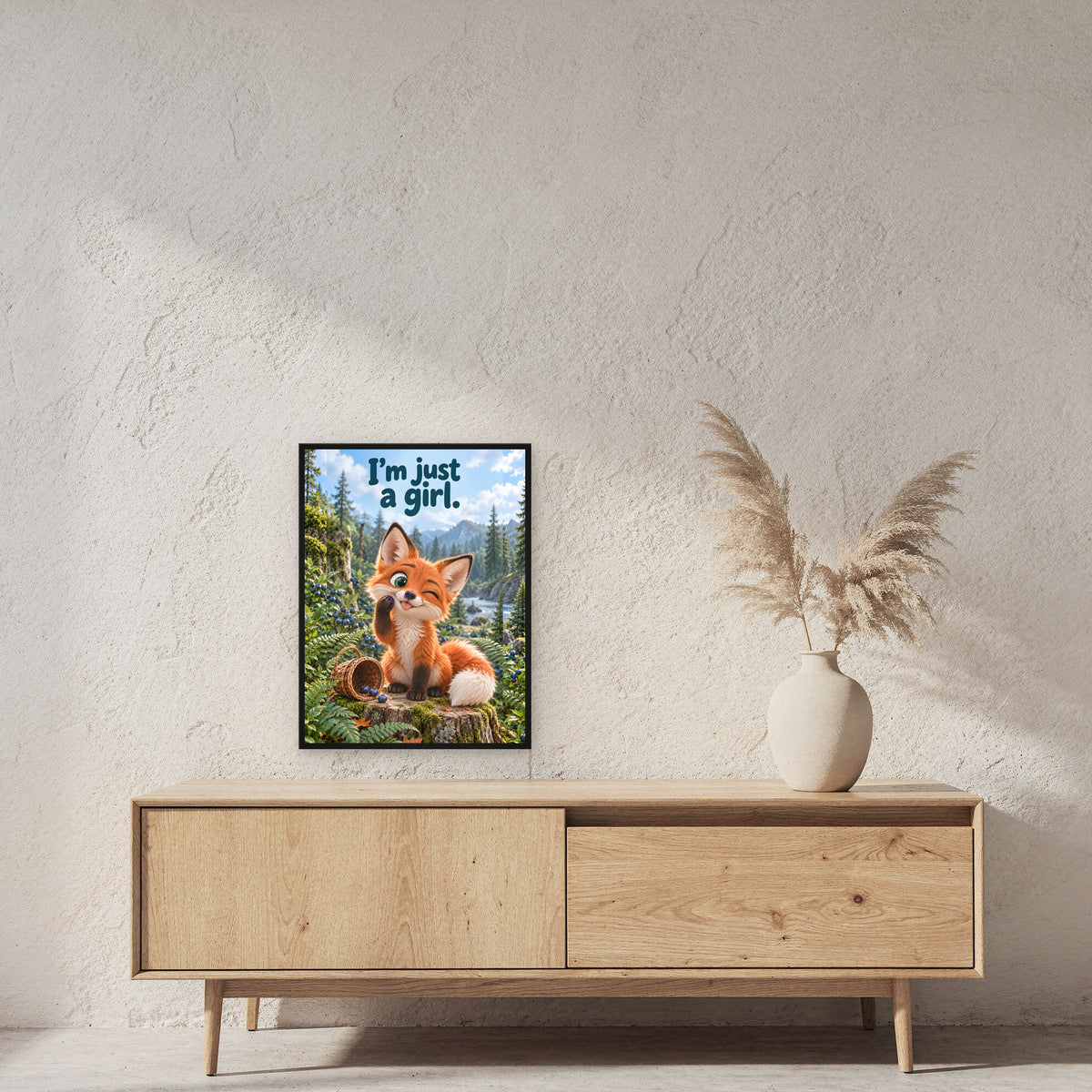 Blaubeer-Unschuld – Gerahmtes Fuchsbild. Spruch: I'm just a girl. 45×60 cm. Schwarzer Holzrahmen ohne Passepartout. 2 RAUM 45x60cm