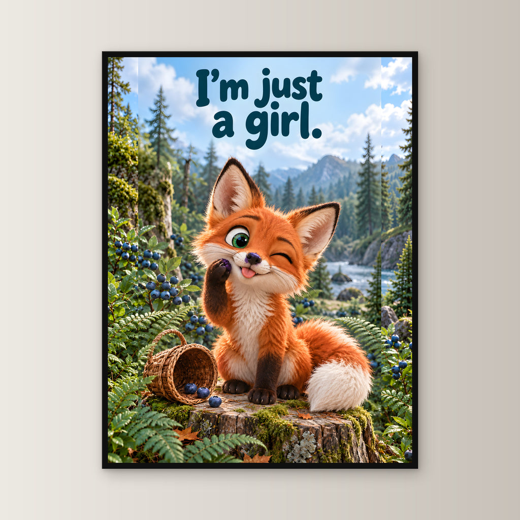 Blaubeer-Unschuld – Gerahmtes Fuchsbild. Spruch: I'm just a girl. 60×80 cm. Schwarzer Holzrahmen ohne Passepartout. 1 FRONTAL