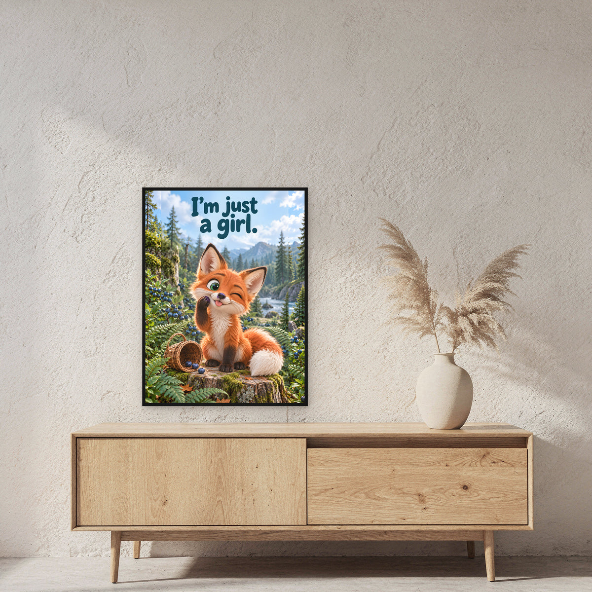 Blaubeer-Unschuld – Gerahmtes Fuchsbild. Spruch: I'm just a girl. 60×80 cm. Schwarzer Holzrahmen ohne Passepartout. 2 RAUM 60x80cm