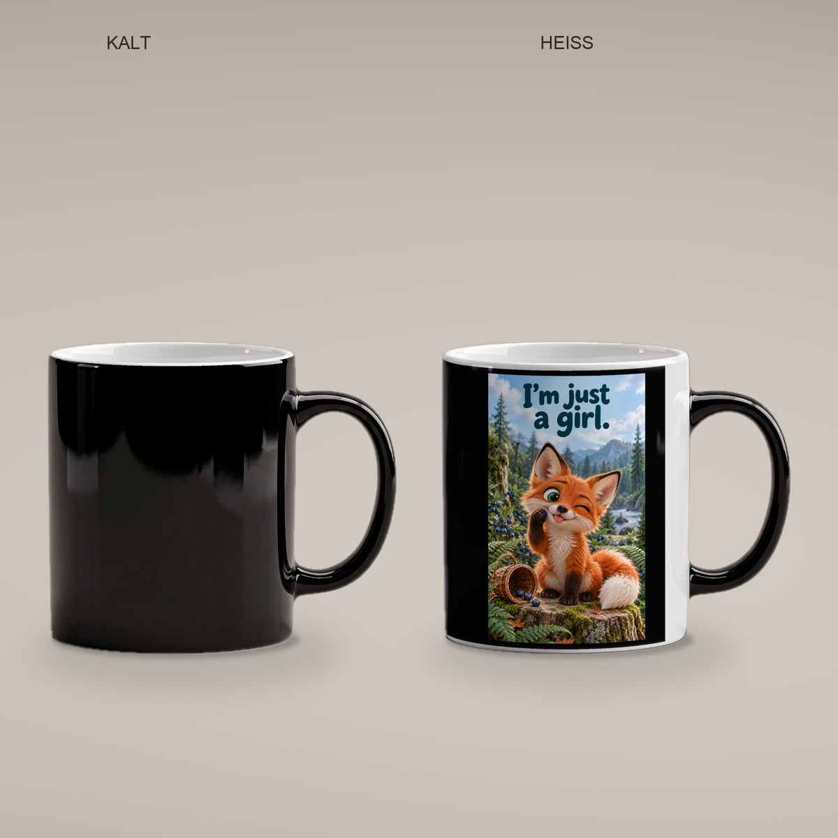 Ein kleiner Fuchs zwinkert mit herausgestreckter Zunge und einer Blaubeere an der Pfote neben einem umgekippten Beerenkorb. Spruch: I'm just a girl. – Black Edition mit Wärmeeffekt, Vergleich kalt und heiß.