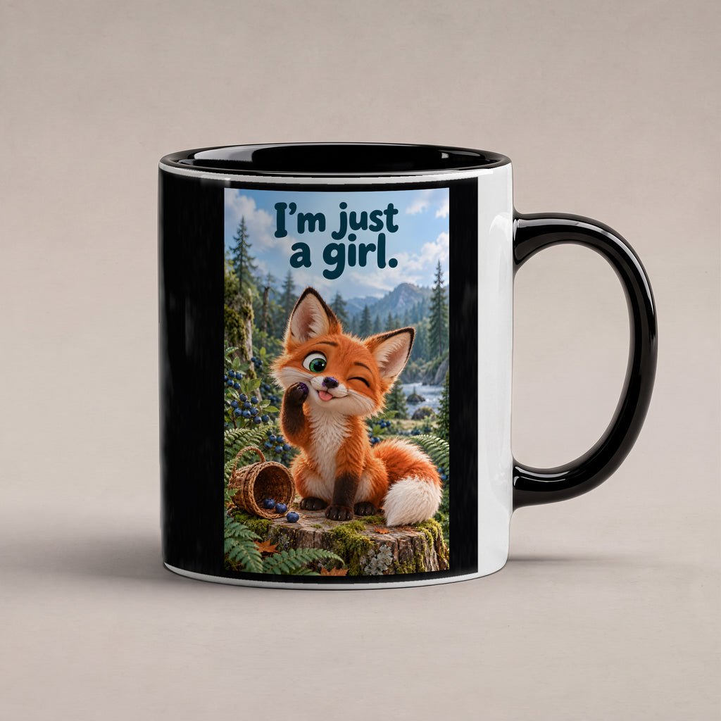 Ein kleiner Fuchs zwinkert mit herausgestreckter Zunge und einer Blaubeere an der Pfote neben einem umgekippten Beerenkorb. Spruch: I'm just a girl. – Tasse innen schwarz, Studioansicht.