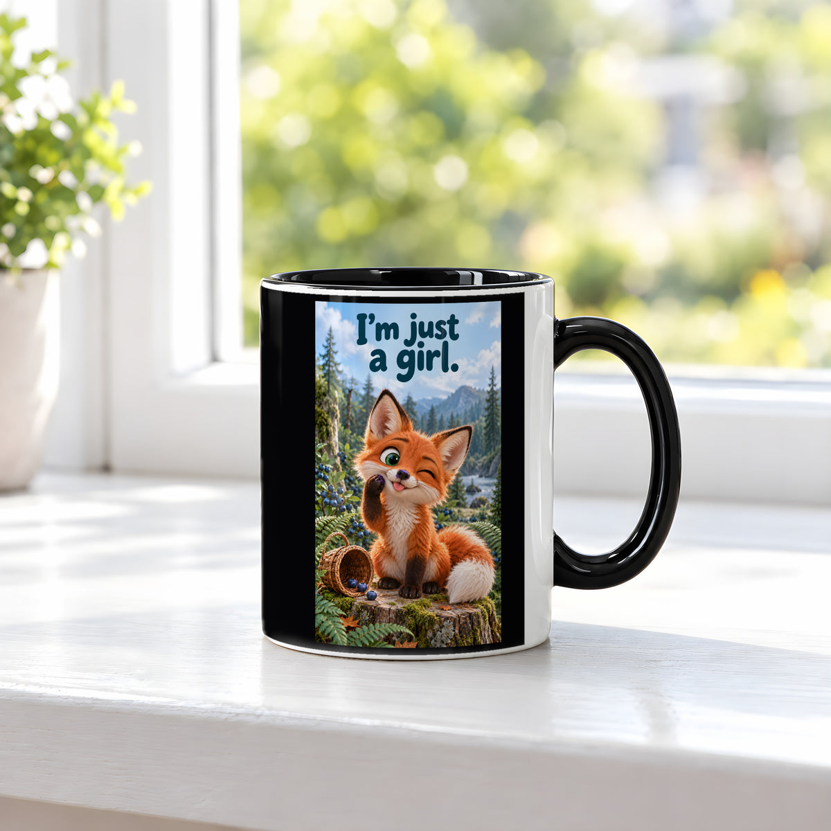 Ein kleiner Fuchs zwinkert mit herausgestreckter Zunge und einer Blaubeere an der Pfote neben einem umgekippten Beerenkorb. Spruch: I'm just a girl. – Tasse innen schwarz, Ansicht am Fenster.