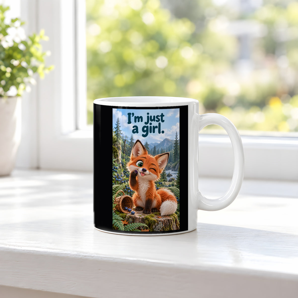 Ein kleiner Fuchs zwinkert mit herausgestreckter Zunge und einer Blaubeere an der Pfote neben einem umgekippten Beerenkorb. Spruch: I'm just a girl. – weiße Tasse, Ansicht am Fenster.