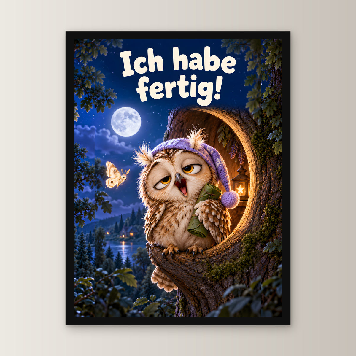 Nachtschicht beendet – Gerahmtes Eulenbild. Spruch: Ich habe fertig! 30×40 cm. Schwarzer Holzrahmen ohne Passepartout. 1 FRONTAL