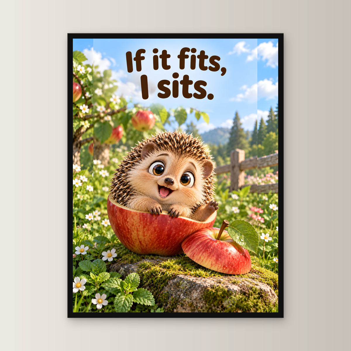 Passt schon – Gerahmtes Igelbild. Spruch: If it fits, I sits. 45×60 cm. Schwarzer Holzrahmen ohne Passepartout. 1 FRONTAL