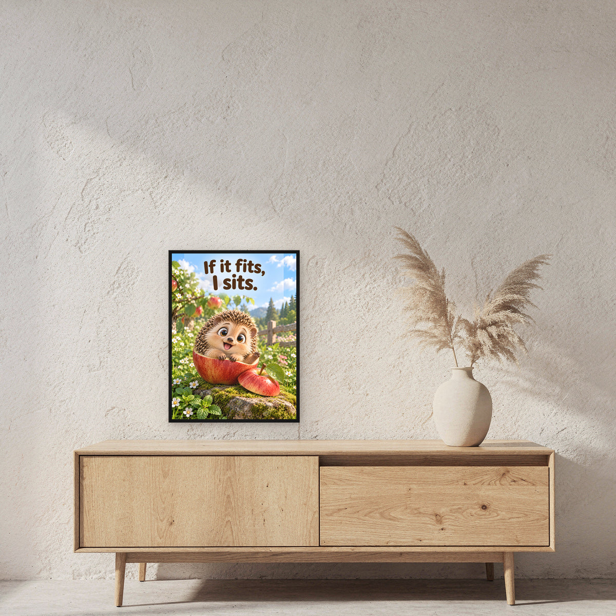 Passt schon – Gerahmtes Igelbild. Spruch: If it fits, I sits. 45×60 cm. Schwarzer Holzrahmen ohne Passepartout. 2 RAUM 45x60cm