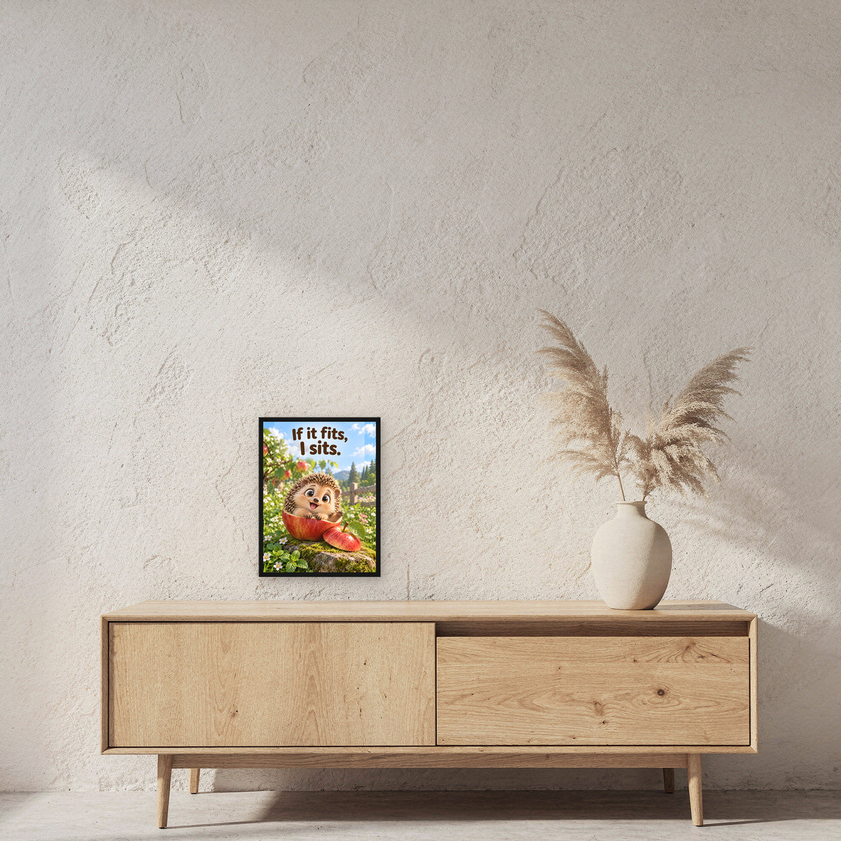 Passt schon – Gerahmtes Igelbild. Spruch: If it fits, I sits. 30×40 cm. Schwarzer Holzrahmen ohne Passepartout. 2 RAUM 30x40cm