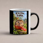 Ein fröhlicher Igel sitzt in einer ausgehöhlten Apfelhälfte im Garten und hebt eine Pfote. Spruch: If it fits, I sits. – Black Edition mit Wärmeeffekt, Studioansicht.