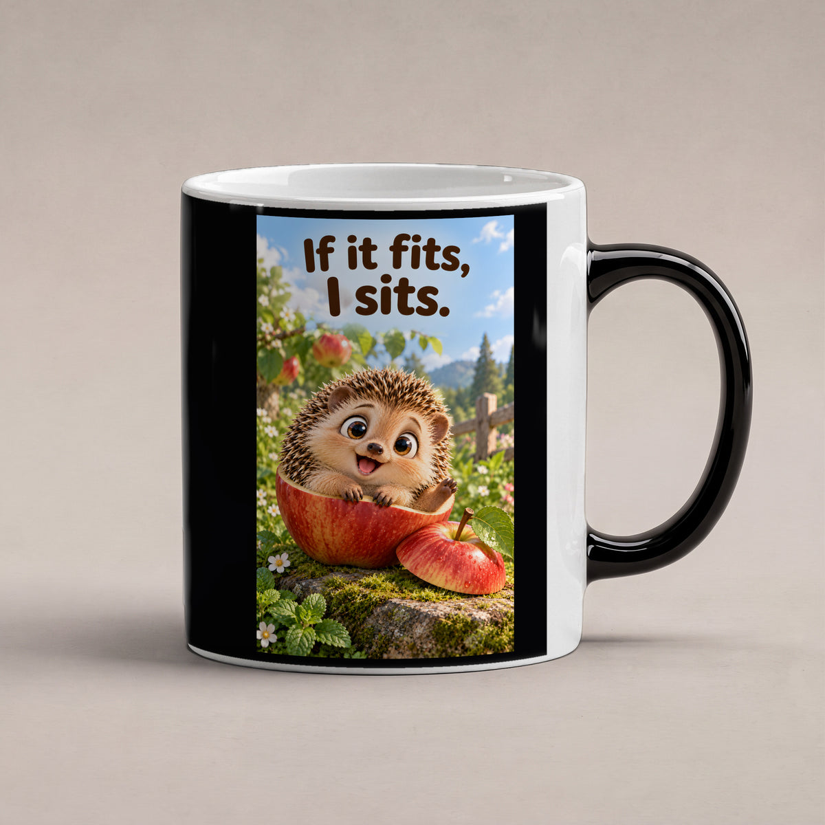Ein fröhlicher Igel sitzt in einer ausgehöhlten Apfelhälfte im Garten und hebt eine Pfote. Spruch: If it fits, I sits. – Black Edition mit Wärmeeffekt, Studioansicht.