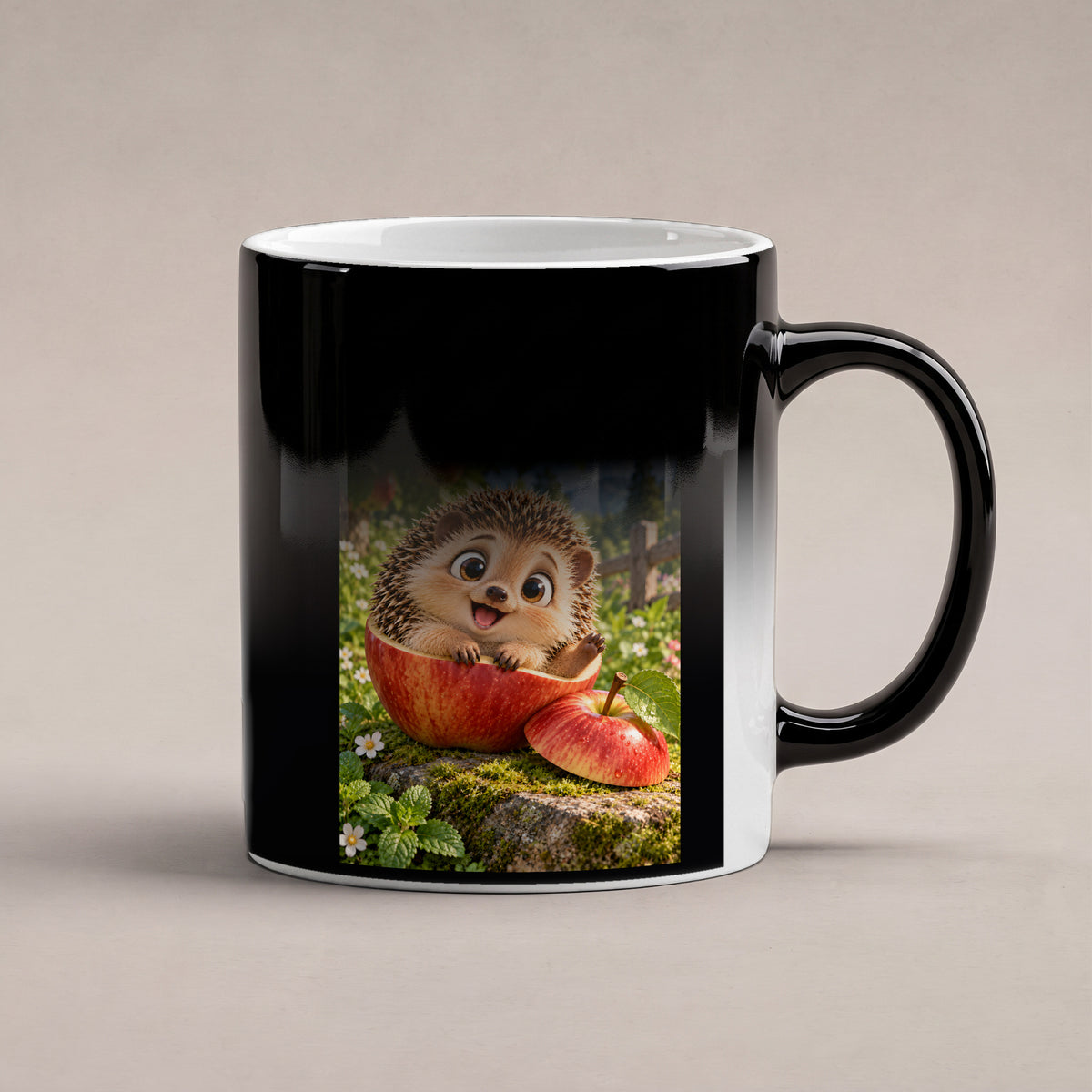 Ein fröhlicher Igel sitzt in einer ausgehöhlten Apfelhälfte im Garten und hebt eine Pfote. Spruch: If it fits, I sits. – Black Edition mit Wärmeeffekt, Wärmeeffekt.